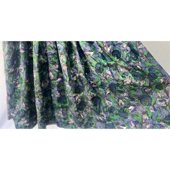 Vintage 80s Alice Of California Junior Midi Dress Peacock Feather Abstract Art - Picture 6 of 7